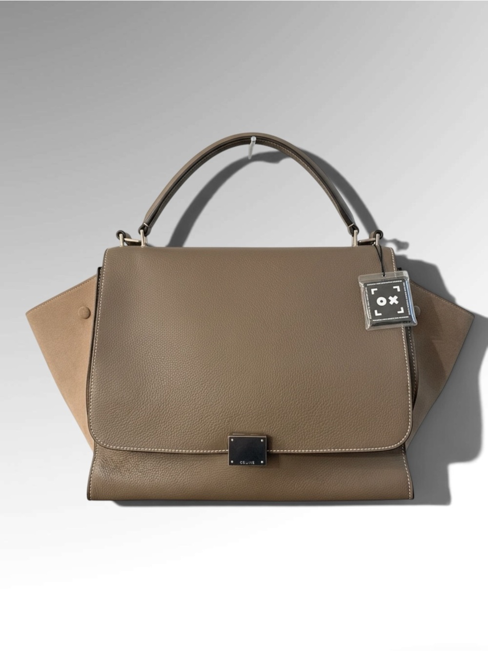 Pre-owned Celine Trapeze Taupe Pebbled Leather Satchel with Metal Plaque (Large)